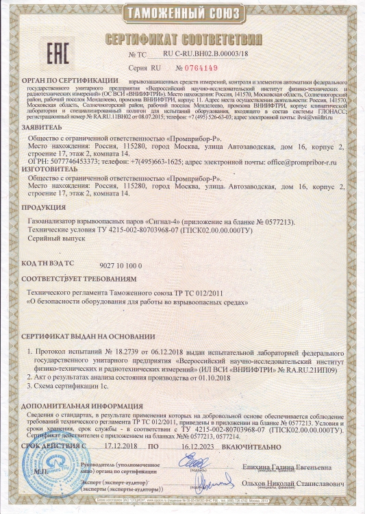 Сертификат соответствия Сигнал-4 2018-2023г.